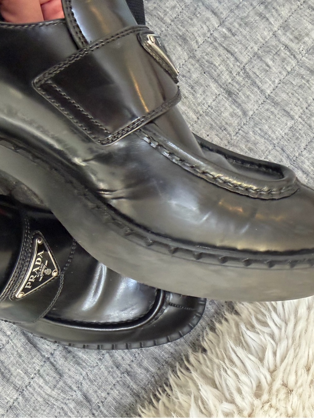 Prada Black Leather Logo Strap Loafers - Picture 7 of 8